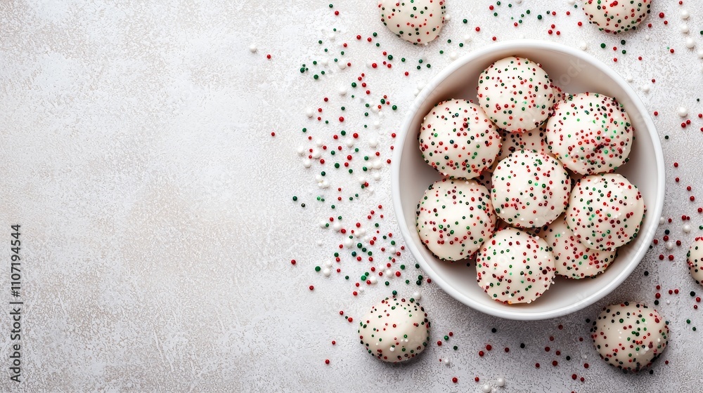 Top-down view of freshly baked confetti cookies with red, green, and white sprinkles in dough, scattered sprinkles around for festive vibes. Holiday cookies, creative kids treats Top-down view of freshly baked confetti cookies with red, green, and white sprinkles in dough, scattered sprinkles around for festive vibes. Holiday cookies, creative kids treats