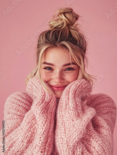 Beautiful pleased young woman with fair hair gathered in bun embraces own body wears knitted sweater expresses self love takes care of herself isolated over pink background. Self acceptance. photo