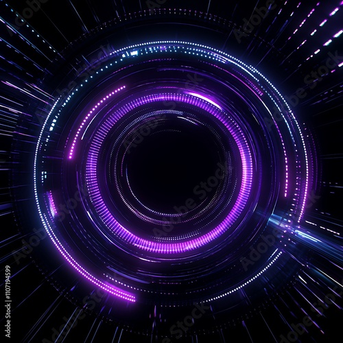 Abstract glowing circular lines with purple blue light in a futuristic digital space background
