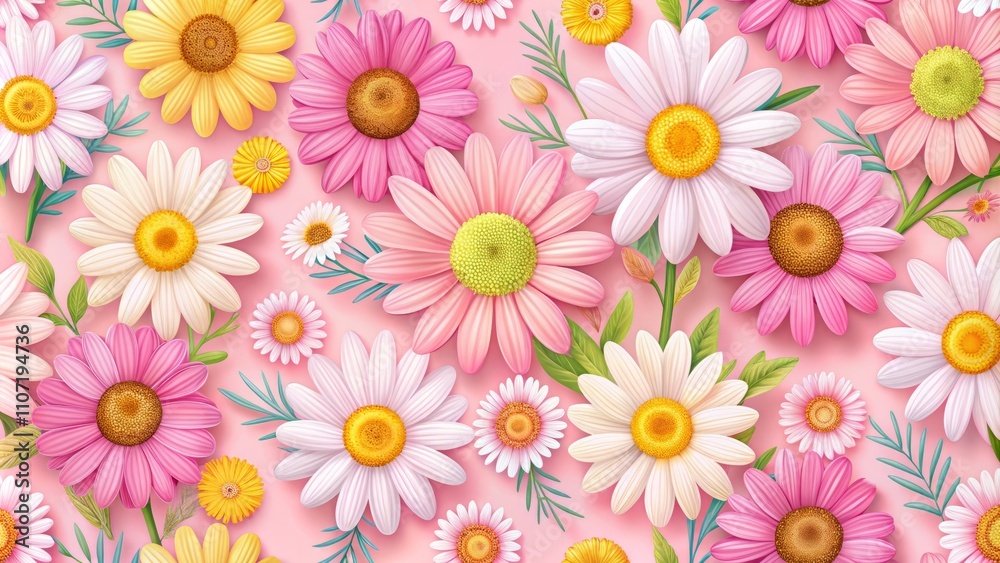 Fototapeta premium Colorful Chamomile Daisy Flower Blossom Pattern on Pink Background for Fashion Textiles, Wallpaper, and Wrapping Paper Design