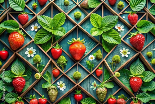 Urban Exploration Photography Featuring a Seamless Geometric Pattern of Leaves, Strawberries, and Blossoms for Nature-Inspired Design and Aesthetic Backgrounds