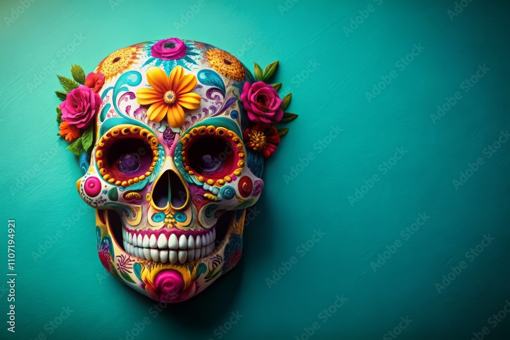 Colorful Sugar Skull on Turquoise Background with Vibrant Details and Decorative Elements, Perfect for Celebrating Day of the Dead and Halloween Festivities in a Unique Style Colorful Sugar Skull on Turquoise Background with Vibrant Details and Decorative Elements, Perfect for Celebrating Day of the Dead and Halloween Festivities in a Unique Style