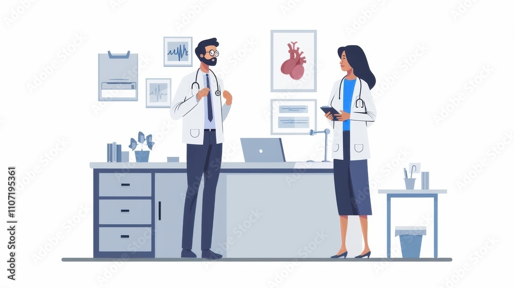 Doctor and patient in a clinical setting, discussing healthcare concerns and conducting a heart health checkup with a stethoscope Doctor and patient in a clinical setting, discussing healthcare concerns and conducting a heart health checkup with a stethoscope
