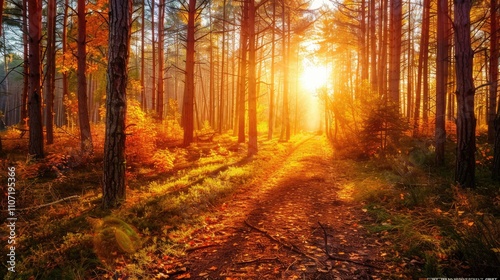 Vivid sunset in autumn forest with a path amid trees and sunlight