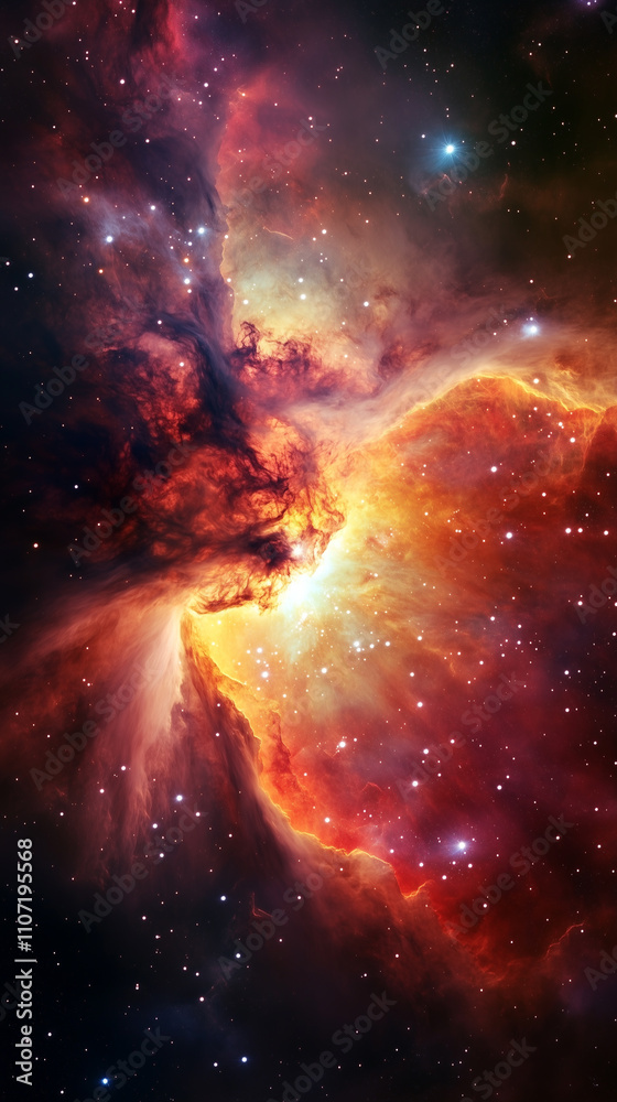 Obraz premium breathtaking nebula in space, with stars shining brightly around it. The color scheme features vibrant shades of orange and red.
