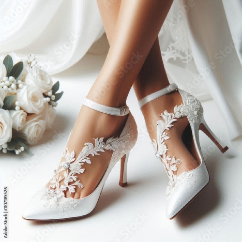 Beautiful white women's shoes. Shoes for weddings or special occasions. AI generated.
