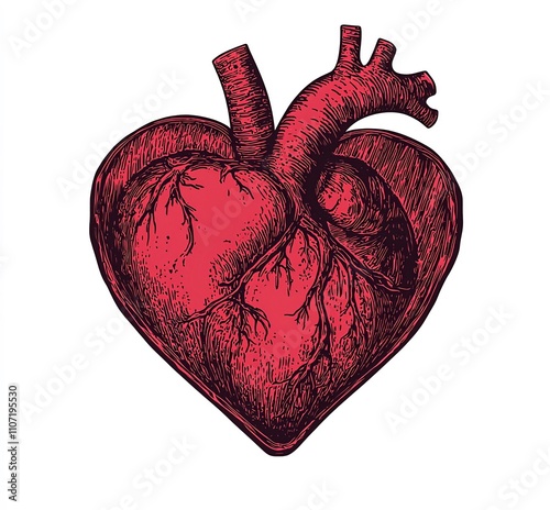 Semplice clip art di un cuore con inchiostro rosso su sfondo bianco.  photo