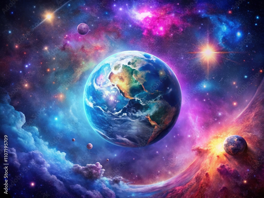 Obraz premium Breathtaking Cosmic Scene with Earth Surrounded by Colorful Nebulae and Stars in a Stunning Space Image for Astrophotography Enthusiasts and Science Lovers