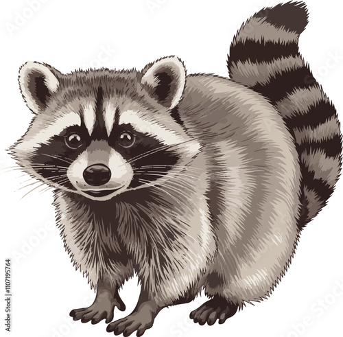 Raccoon vector cartoon illustration, isolated, white background, fur, racoon, polecat