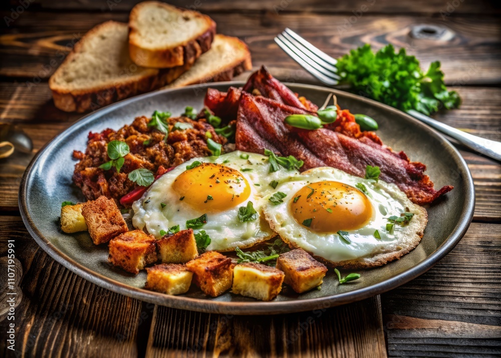 Delicious Breakfast Spread Featuring Fried Eggs, Crispy Bacon, and Savory Corned Beef Hash on a Rustic Wooden Table Decorated with Fresh Herbs and Spices Delicious Breakfast Spread Featuring Fried Eggs, Crispy Bacon, and Savory Corned Beef Hash on a Rustic Wooden Table Decorated with Fresh Herbs and Spices
