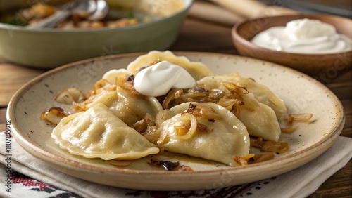 Plate of traditional Polish pierogi with caramelized onions and sour cream.
