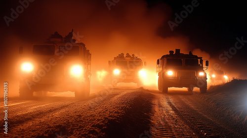 Military convoy in the desert at night:  A line of military vehicles drive through the desert at night, headlights piercing the darkness.