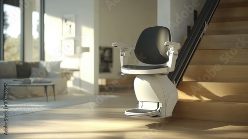An ergonomic stair lift positioned on a beautifully designed staircase, blending function and style
