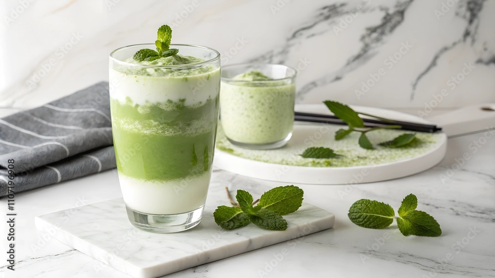 Fresh matcha milkshake in a glass served with mint leaves on marble. Fresh matcha milkshake in a glass served with mint leaves on marble.
