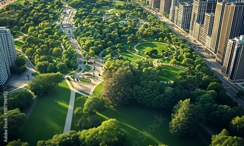 Aerial View of Grant Park's Lush Green Landscape Adjacent to Chicago's Skyscrapers