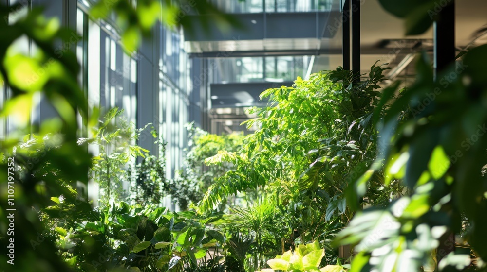 Lush green plants thrive in a modern building's sunlit atrium. Lush green plants thrive in a modern building's sunlit atrium.