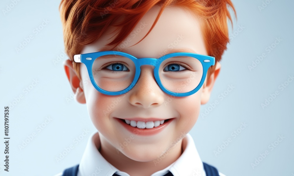 Smiling redhaired boy with blue glasses and white background Smiling redhaired boy with blue glasses and white background