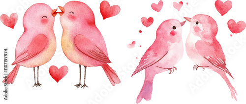 Watercolor painting of two pink birds kissing with red hearts on white background.