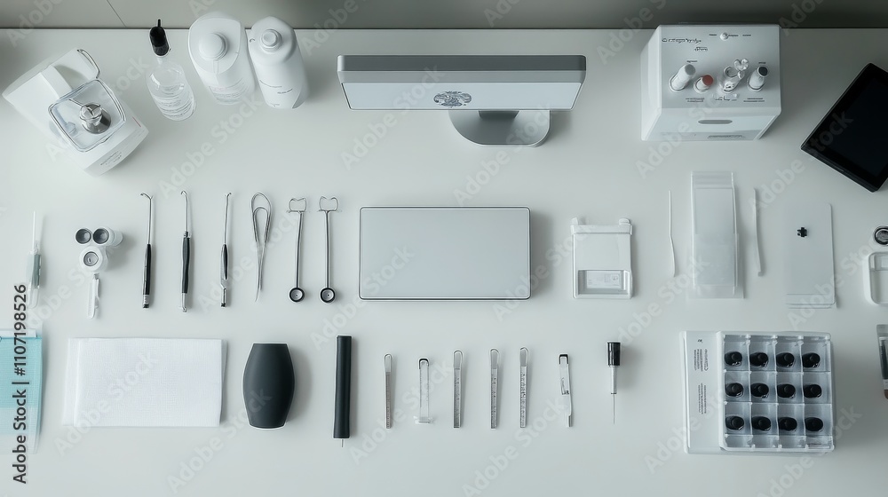 A set of medical diagnostic equipment displayed on a countertop in a modern health facility, Sleek and organized environment, Minimalist style A set of medical diagnostic equipment displayed on a countertop in a modern health facility, Sleek and organized environment, Minimalist style