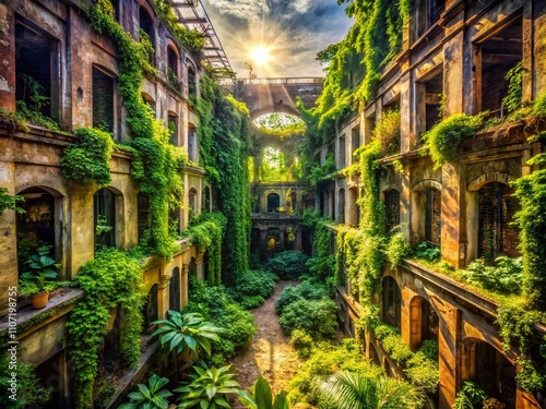Urban Exploration Photography with Lush Green Nature Backgrounds, Showcasing the Harmony Between Urban Environments and Natural Elements in Vibrant Cityscapes