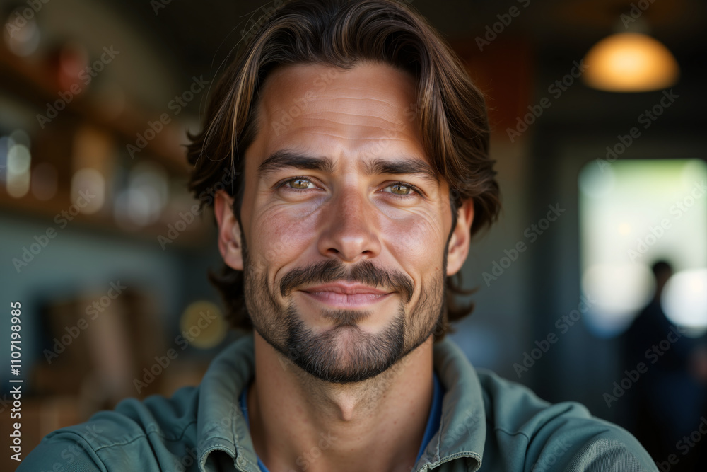 Man with a beard and mustache, wearing a green shirt, is seated at a table in what appears to be a bar or restaurant setting. Man with a beard and mustache, wearing a green shirt, is seated at a table in what appears to be a bar or restaurant setting.