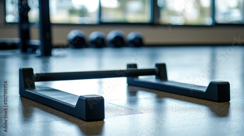 A pair of parallettes positioned on a gym floor, ready for bodyweight training exercises. photo