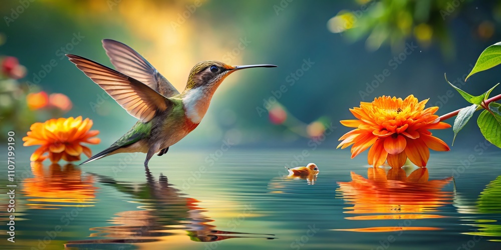 Naklejka premium Captivating Scene of an Orange Flower Floating in Shallow Water Surrounded by Hummingbirds, Showcasing Nature's Beauty with a Rule of Thirds Composition