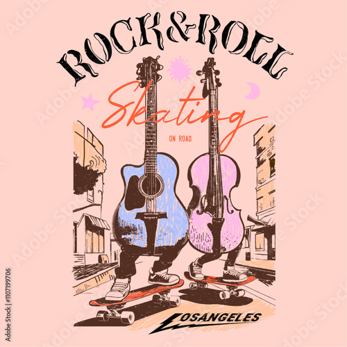 hand drawn guitar. rock and roll vector. skating on road. Los Angeles California. skateboard print. vintage retro graphic. girls vector graphic. carton corrector art. music guitar print.