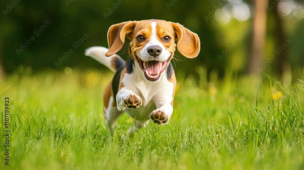A playful dog portrait featuring a beagle with floppy ears, caught mid-action while running through the grass A playful dog portrait featuring a beagle with floppy ears, caught mid-action while running through the grass