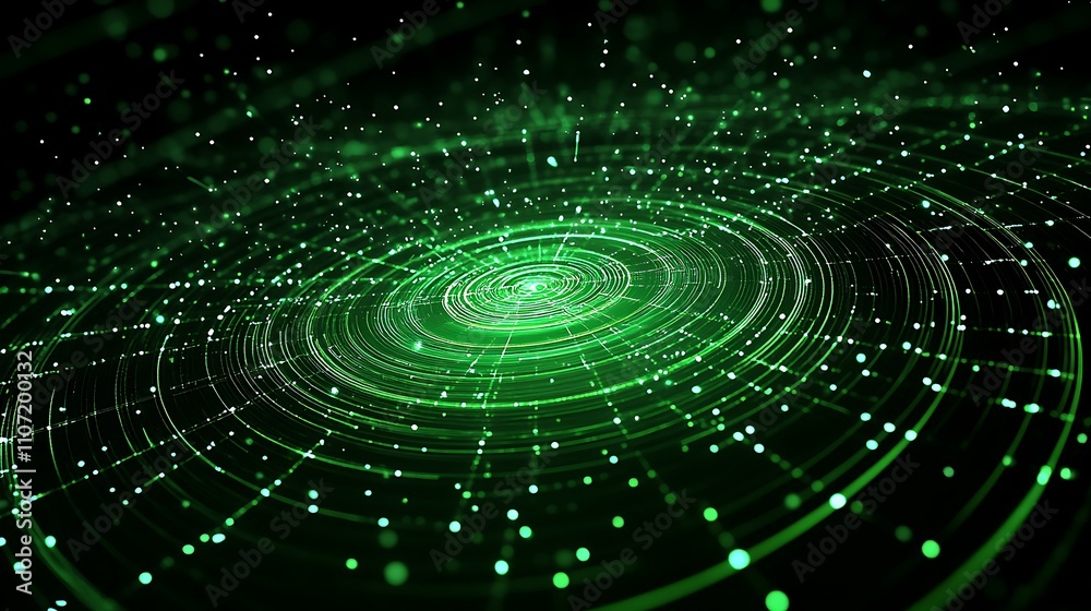 Obraz premium Abstract Green Spiral Patterns with Dots and Lines Creating a Dynamic Visual Flow Effect