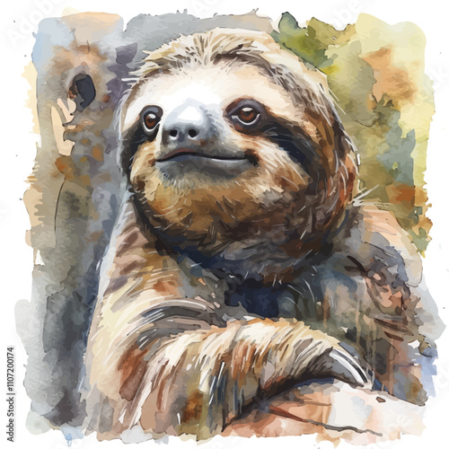 A watercolor of a Sloth, isolated on a white background. Sloth vector.