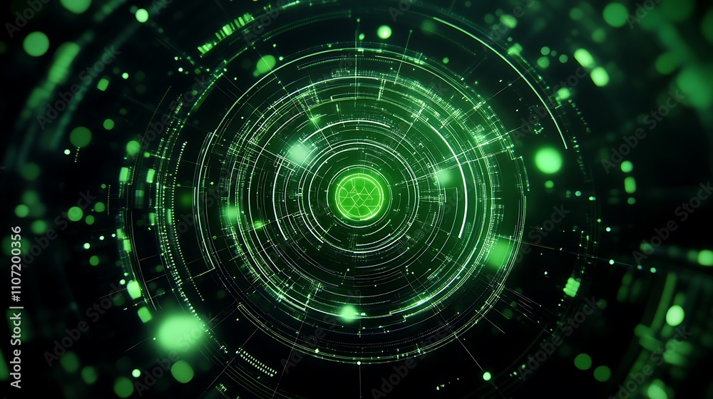 Fototapeta premium Abstract Green Technology Background with Circular Patterns and Futuristic Elements for Digital Designs