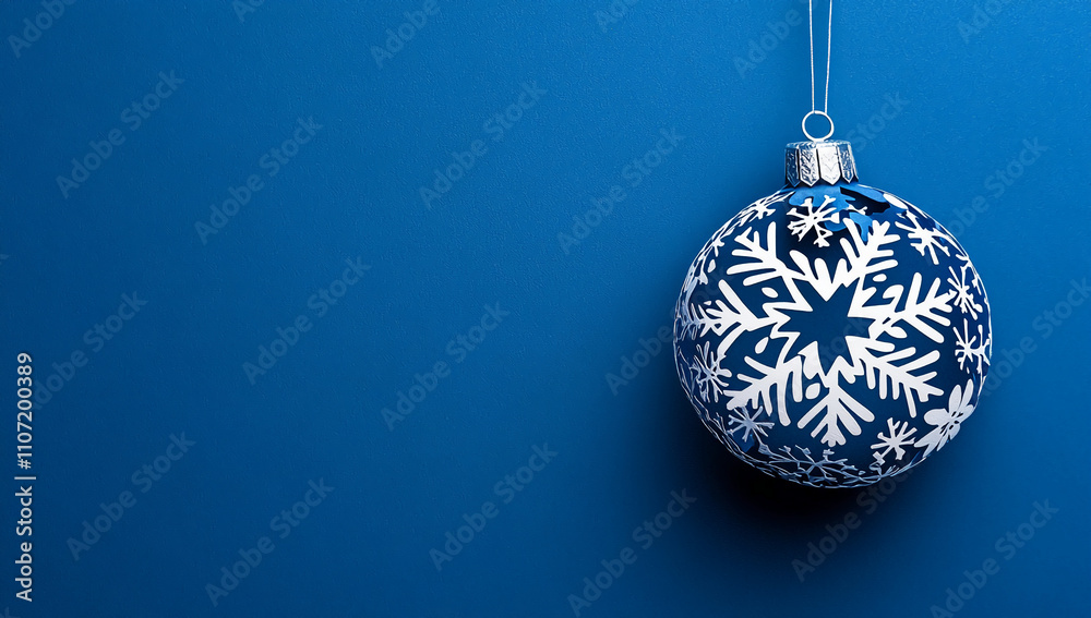 Blue ornament with white snowflake design hanging against a blue background for winter holiday decoration Blue ornament with white snowflake design hanging against a blue background for winter holiday decoration