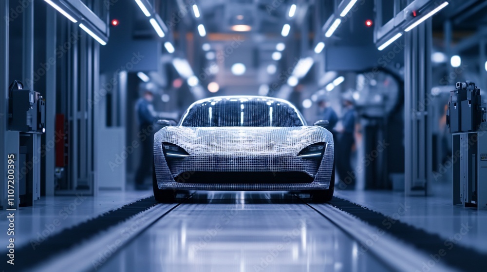 Obraz premium A futuristic car showcased in a high-tech manufacturing facility.