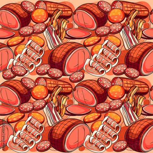 Seamless pattern of assorted smoked meats, featuring ham, sausages, and bacon. Great for food packaging, deli promotions, and culinary designs. Vector illustration