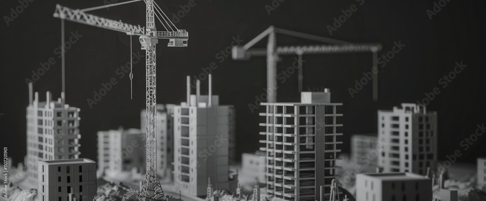 Fototapeta premium A miniature cityscape with two construction cranes and several buildings in the foreground. with the cranes and buildings in various stages of construction