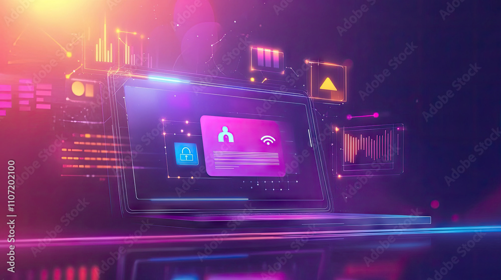 Futuristic digital laptop screen displaying security and connectivity features with vibrant purple and orange hues. Futuristic digital laptop screen displaying security and connectivity features with vibrant purple and orange hues.