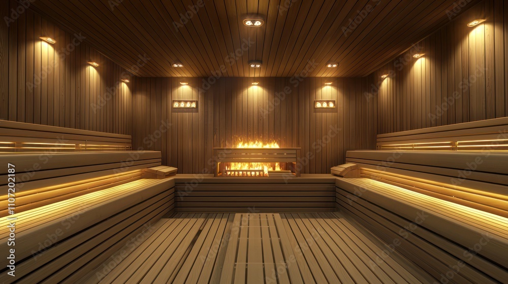 Naklejka premium A sauna with wooden benches, inviting gym members to relax and rejuvenate.