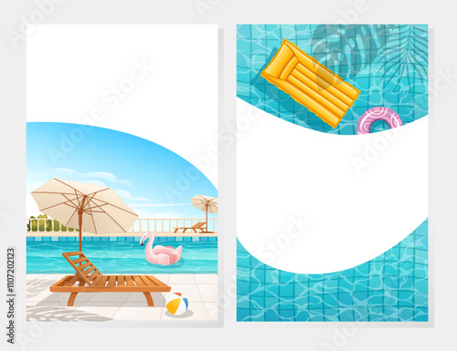 Poolside background with lounge chair, umbrella, and inflatable flamingo. Greetings card design, vertical web or advertisement banner. Vector illustration