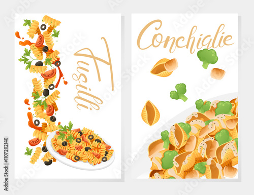 Ready for eat dish italian pasta fusilli cuisine staples with olives herbs and tomatoes vector illustration on white background. Greetings card or web banner design. Perfect theme for menu