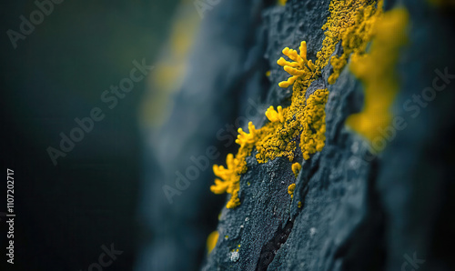 Vivid Yellow Lichen Growth on Dark Stone: A Close-Up Exploration of Nature's Texture and Biodiversity photo