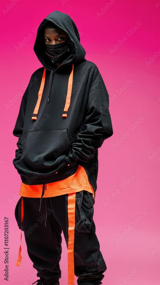 Fashionable Streetwear Model in Black and Neon Orange Ensemble Against Vibrant Pink Background
