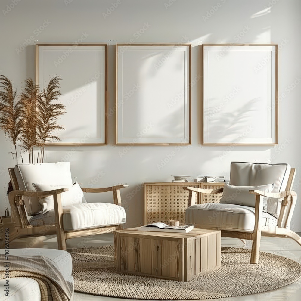 Fototapeta premium Three empty picture frames hang above a living room set with two armchairs. a coffee table. and a rug