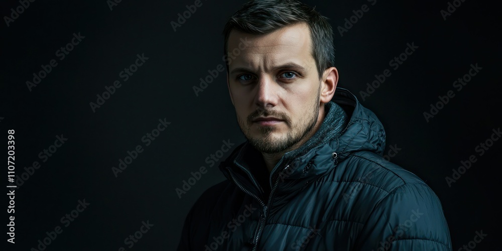 Fototapeta premium A serious portrait of a man with a strong gaze, dressed in a black jacket, set against a dark background for a dramatic effect