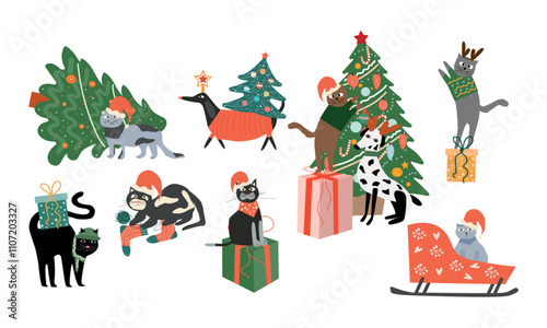 Cute Christmas cats and dogs set. Happy adorable New Year pet animals. Isolated flat vector illustrations. 