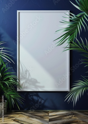 White frame mockup with palm leaves and sunlight shadow on blue wall and wooden floor