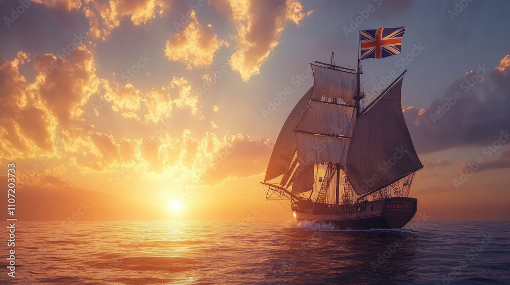 A majestic tall ship with British flag sails across the sea at sunset, surrounded by vibrant clouds and warm hues. A majestic tall ship with British flag sails across the sea at sunset, surrounded by vibrant clouds and warm hues.