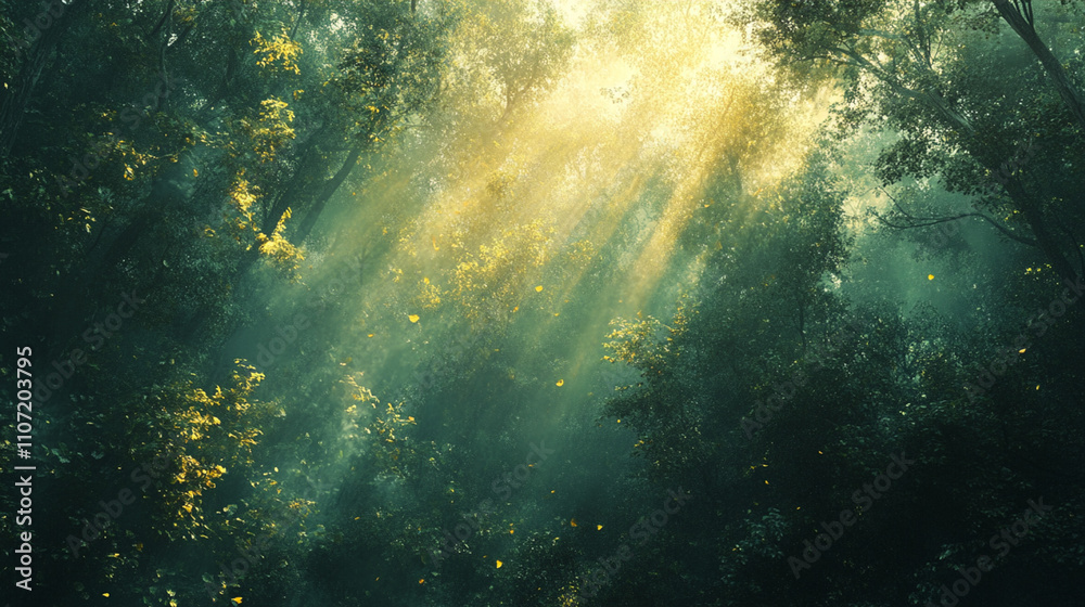 Obraz premium Tranquil forest with sunlight streaming through the trees