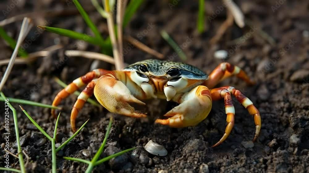 A fiddler crab, highlighting its one oversized claw in grass and mud A fiddler crab, highlighting its one oversized claw in grass and mud