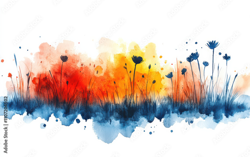 Fototapeta premium Vibrant watercolor landscape with floral silhouettes and colorful splashes